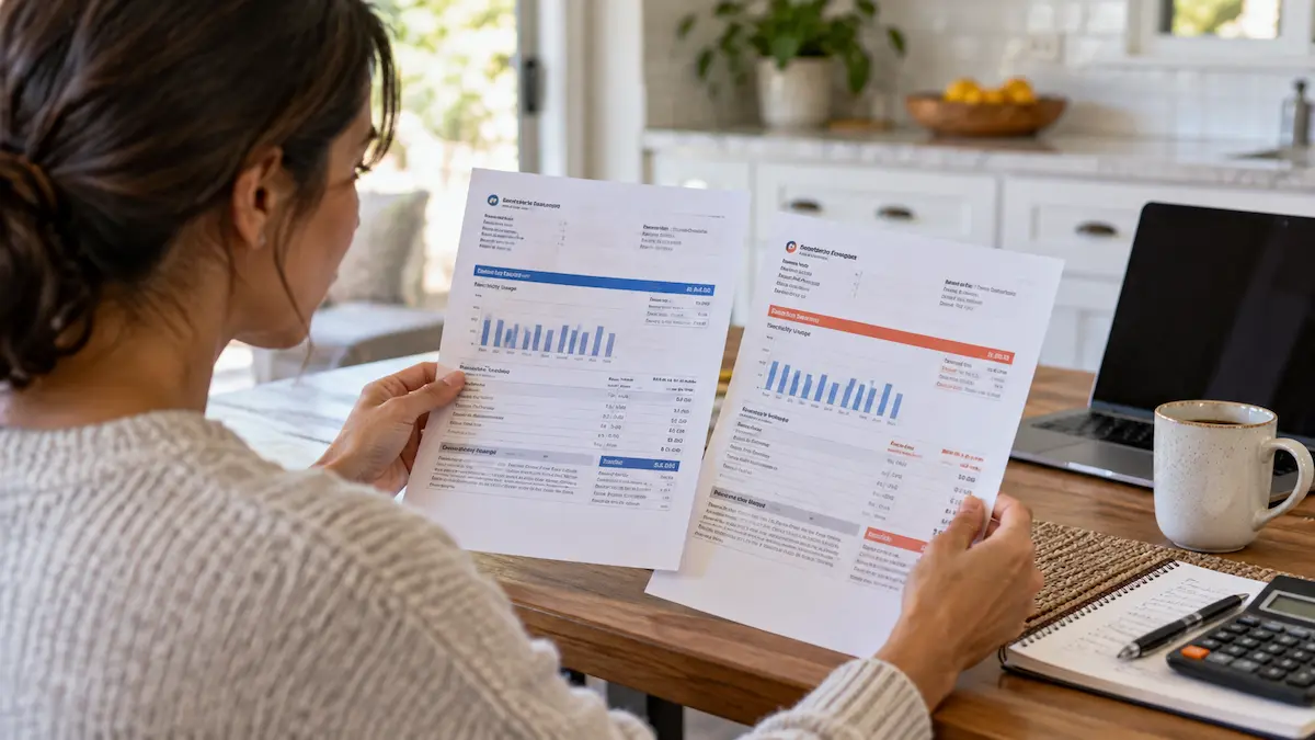 Homeowner comparing two electricity bills with similar usage but different costs