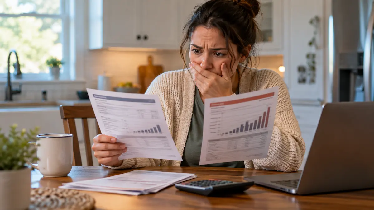 Homeowner comparing two electricity bills after a sudden increase in cost