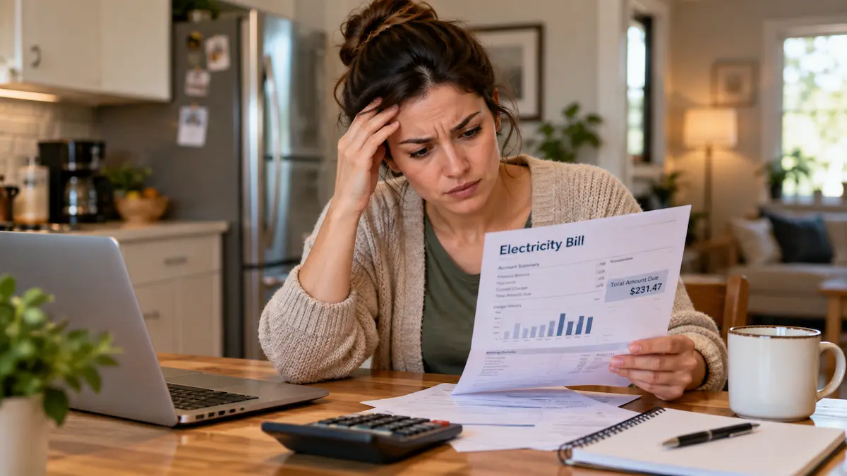 Homeowner reviewing an electricity bill at a kitchen table